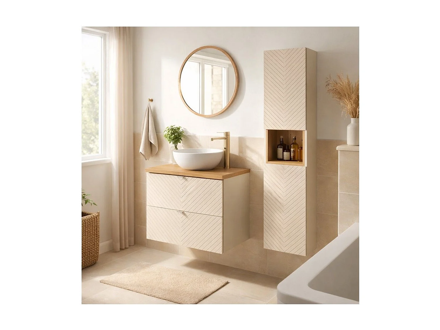 Ensemble de salle de bain AOKI : meuble sous vasque à tiroirs 60cm + plan vasque aspect bois + colonne