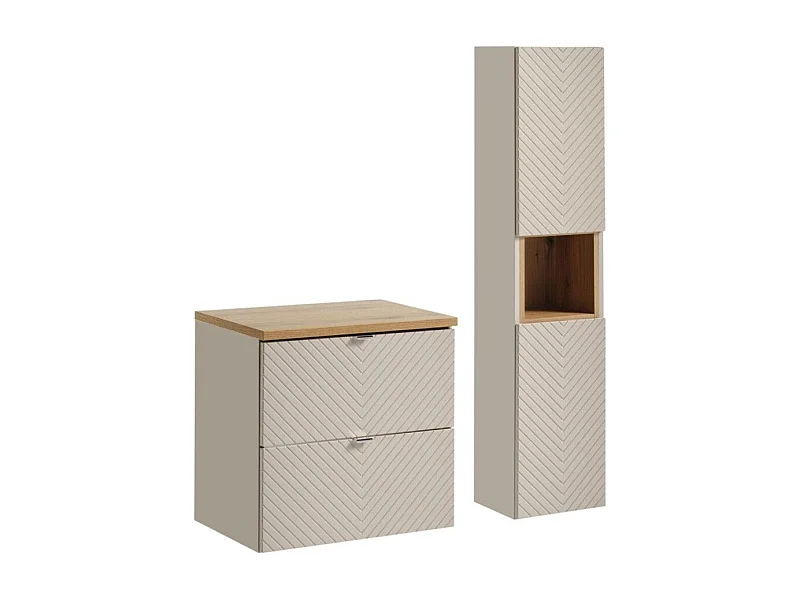 Ensemble de salle de bain AOKI : meuble sous vasque à tiroirs 60cm + plan vasque aspect bois + colonne