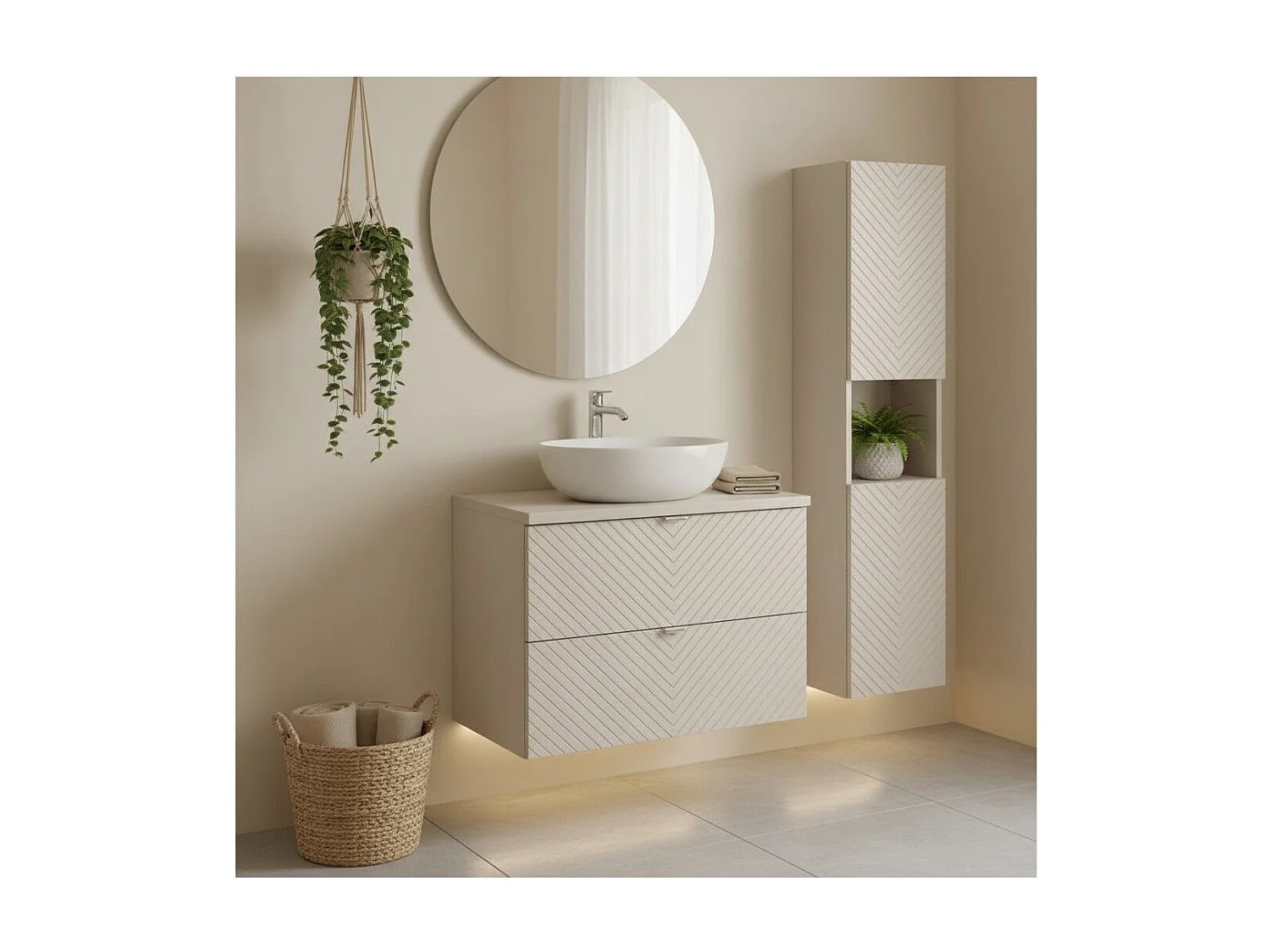 Ensemble AOKI : meuble sous vasque à tiroirs 60cm + plan vasque beige + colonne de rangement
