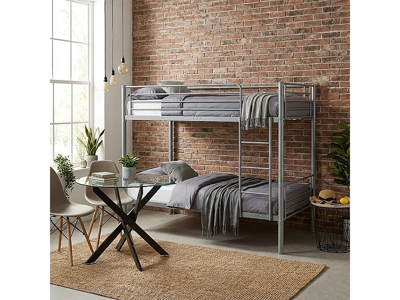 Lit superposé 90x190 cm en métal gris avec échelle et barrière de sécurité - Longueur 195 x Hauteur 165 x Profondeur 96 cm