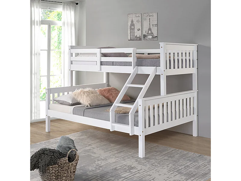 Lit superposé en bois blanc, Lit double bas 135 x 190 cm et lit simple haut 90 x 190 cm - Longueur 204 x Hauteur 150 x Largeur 147 cm