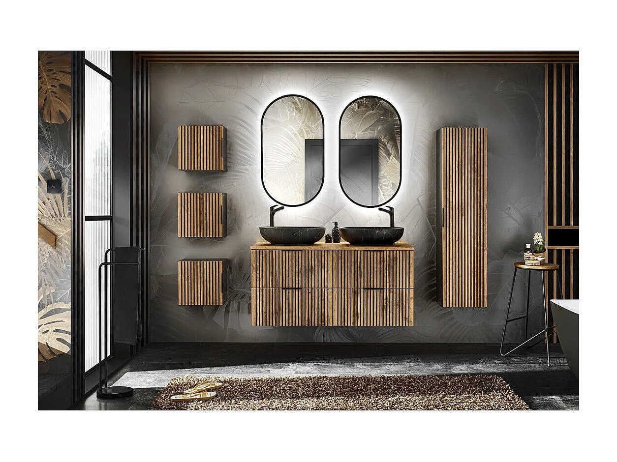 Ensemble KINOKO : meubles sous vasque + 2 vasques noires rondes à poser + 2 miroirs LED + meubles de rangement