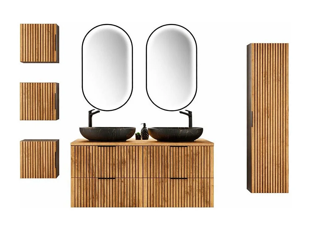 Ensemble KINOKO : meubles sous vasque + 2 vasques noires rondes à poser + 2 miroirs LED + meubles de rangement