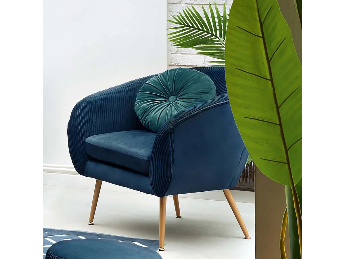 Fauteuil en velours coloris bleu plissé et pieds en métal doré - Longueur 74 x Profondeur 70 x Hauteur 78 cm