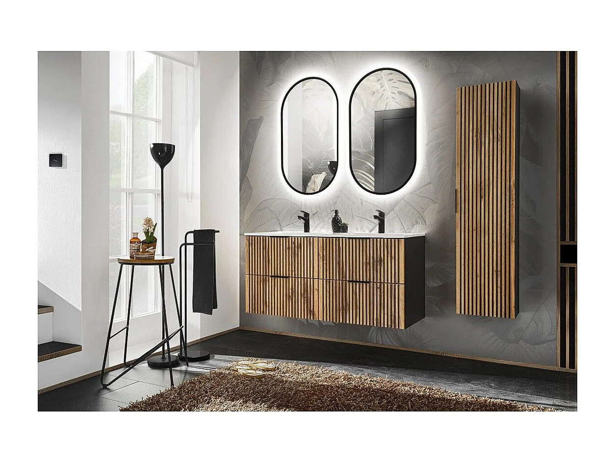 Ensemble KINOKO : meubles sous vasque 120cm + double vasque encastrée blanche + 2 miroirs LED ovales + colonne