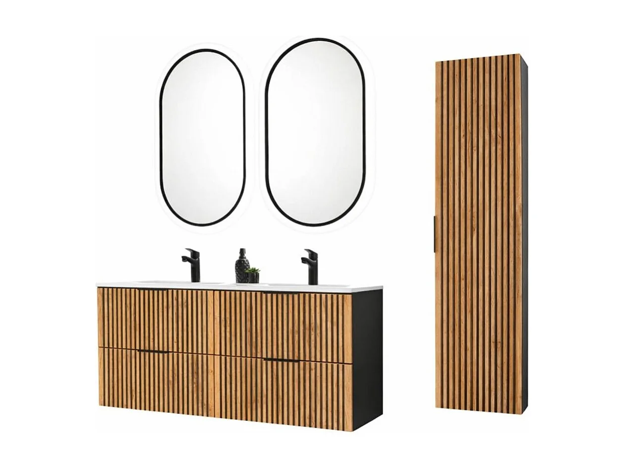 Ensemble KINOKO : meubles sous vasque 120cm + double vasque encastrée blanche + 2 miroirs LED ovales + colonne