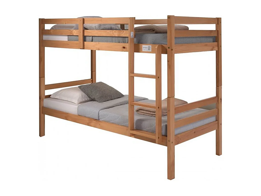 Lit enfant superposé en pin massif couleur chêne - Longueur 199 x Hauteur 154 x Profondeur 104 cm