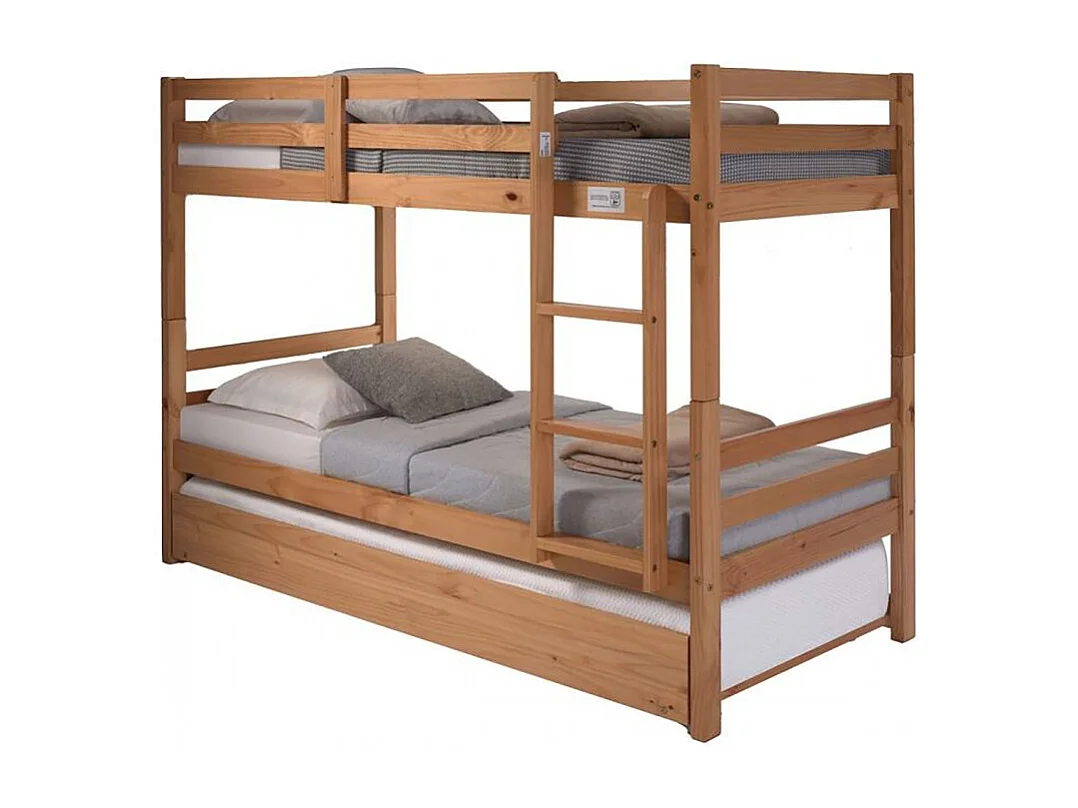 Lit enfant superposé en pin massif couleur chêne - Longueur 199 x Hauteur 154 x Profondeur 104 cm