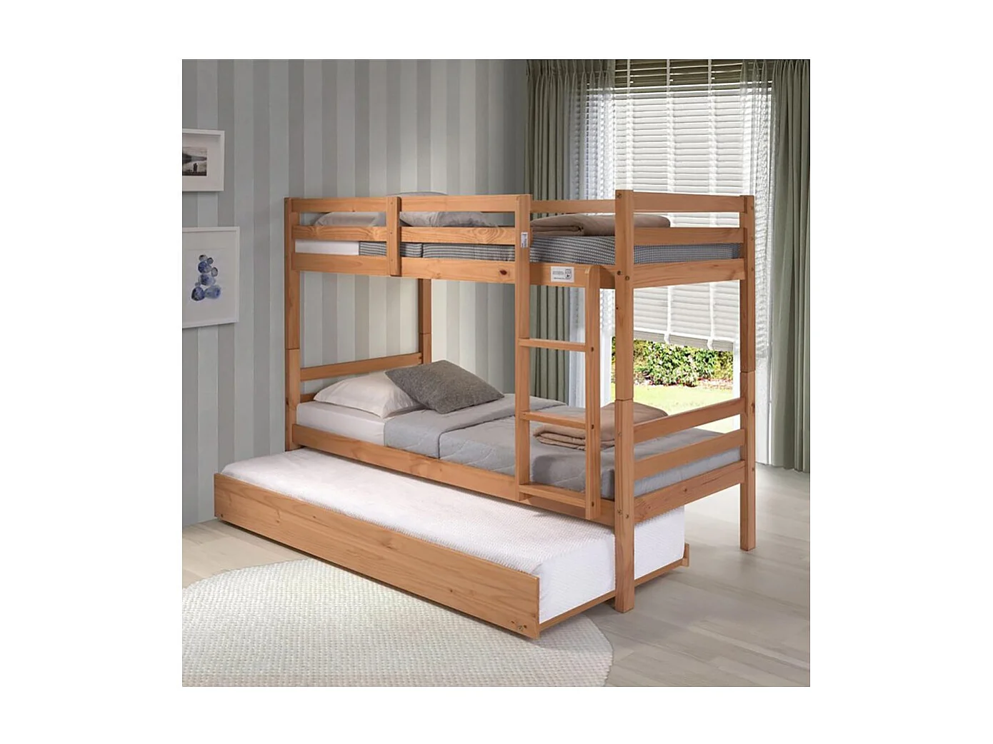 Lit enfant superposé en pin massif couleur chêne - Longueur 199 x Hauteur 154 x Profondeur 104 cm