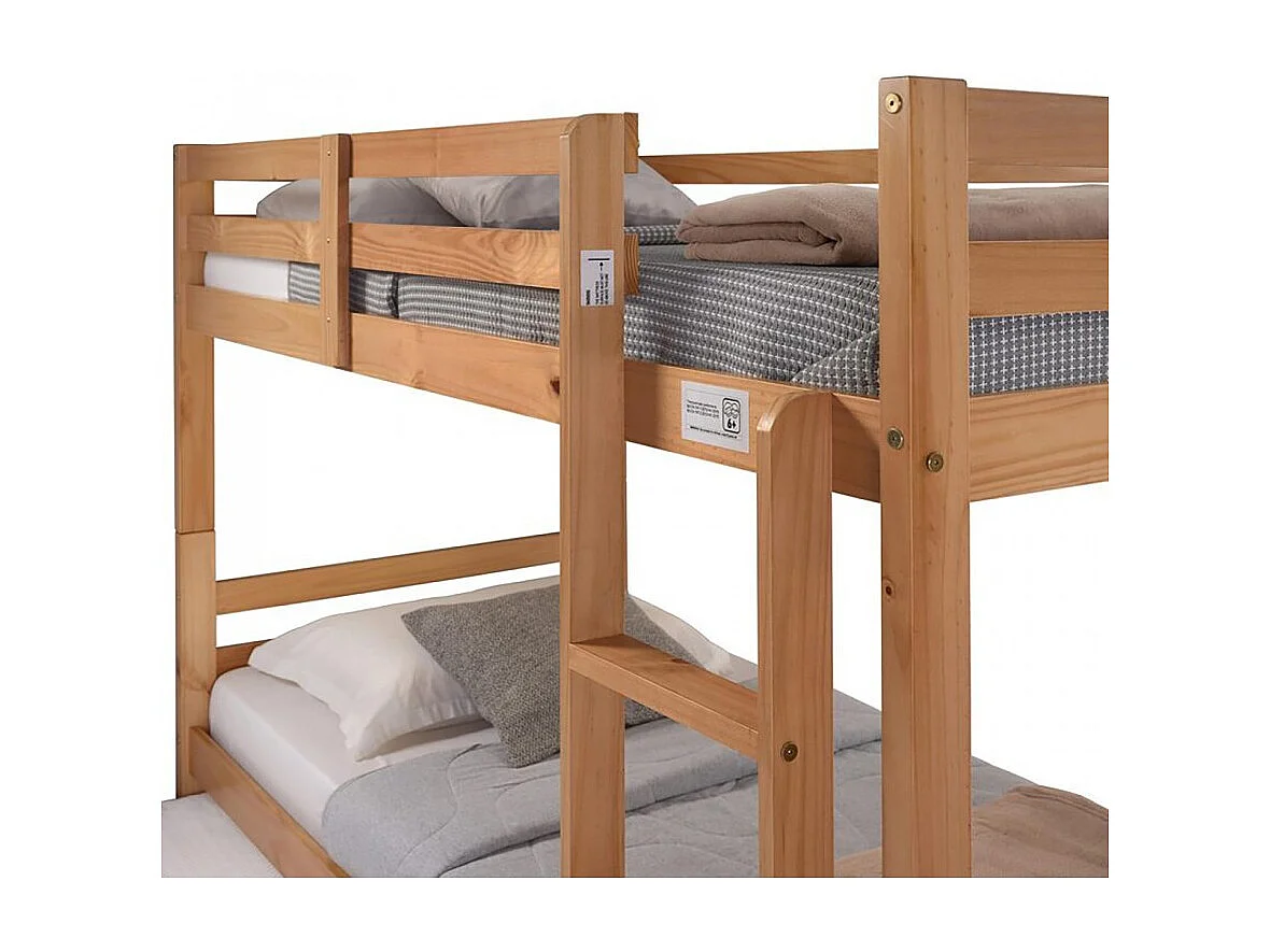 Lit enfant superposé en pin massif couleur chêne - Longueur 199 x Hauteur 154 x Profondeur 104 cm