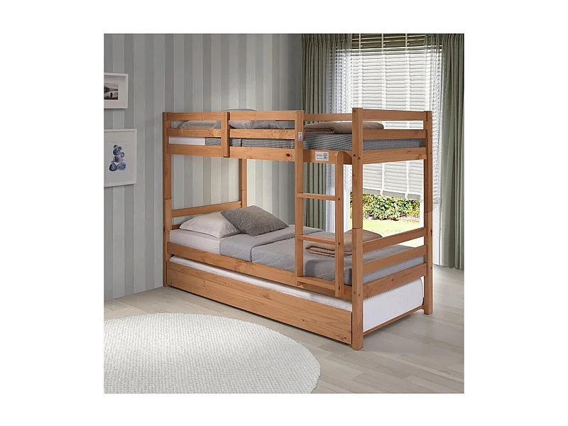 Lit enfant superposé en pin massif couleur chêne - Longueur 199 x Hauteur 154 x Profondeur 104 cm