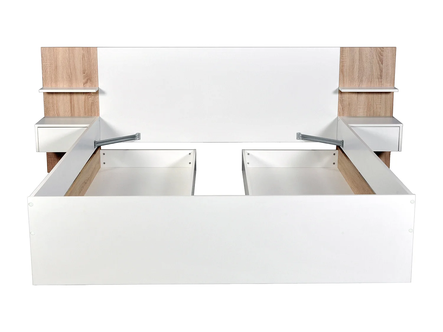 Lit avec tiroirs 160 x 200 cm – Avec 2 chevets et tablettes - Blanc et naturel – KLYRANA