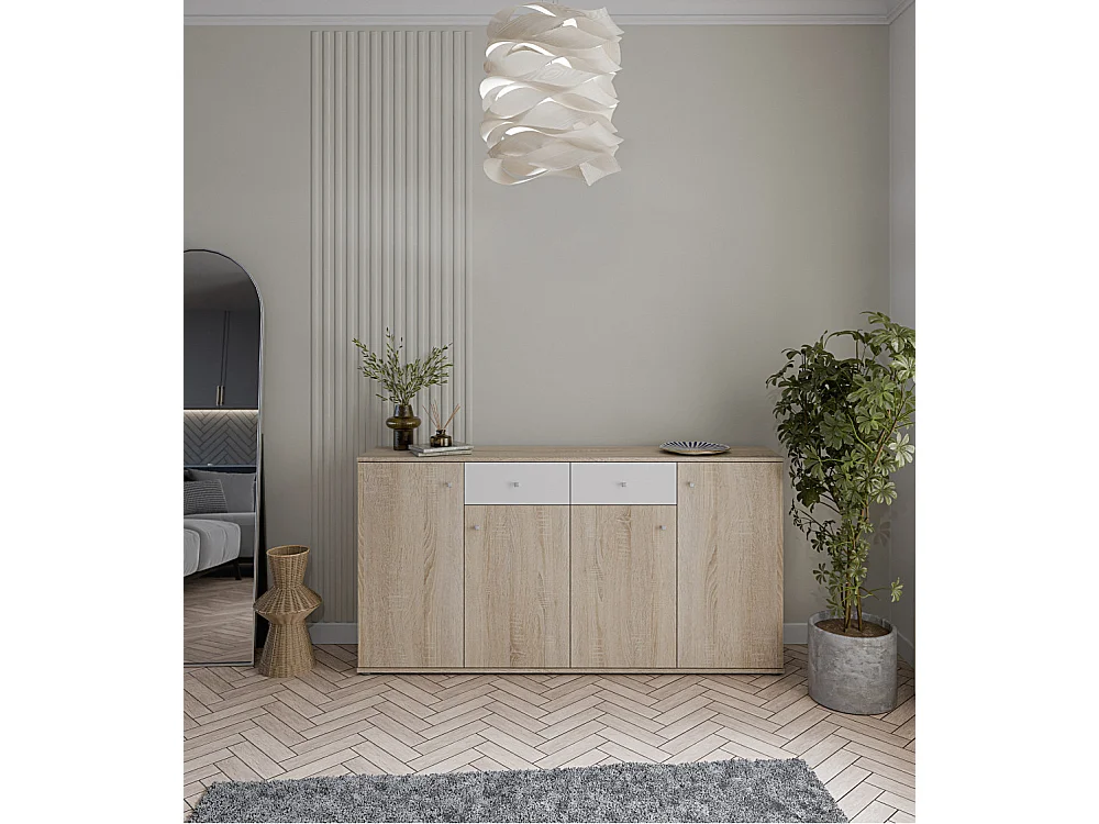 Aparador Match 4 puertas 2 cajones, mueble con almacenamiento de salón color Sonoma y Blanco 160 cm