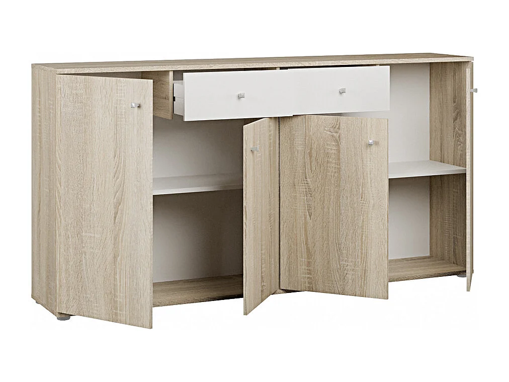 Aparador Match 4 puertas 2 cajones, mueble con almacenamiento de salón color Sonoma y Blanco 160 cm