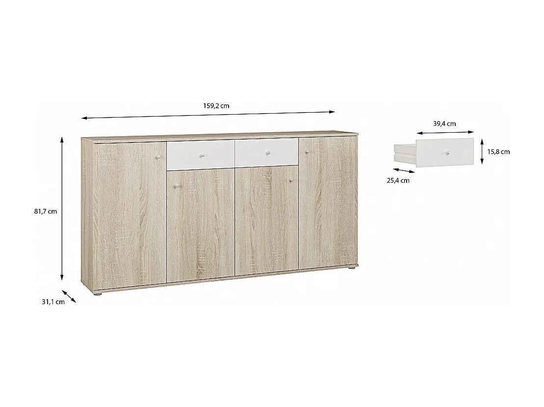 Aparador Match 4 puertas 2 cajones, mueble con almacenamiento de salón color Sonoma y Blanco 160 cm