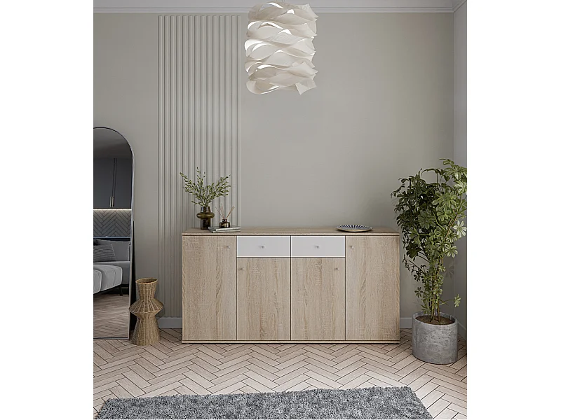 Aparador Match 4 puertas 2 cajones, mueble con almacenamiento de salón color Sonoma y Blanco 160 cm