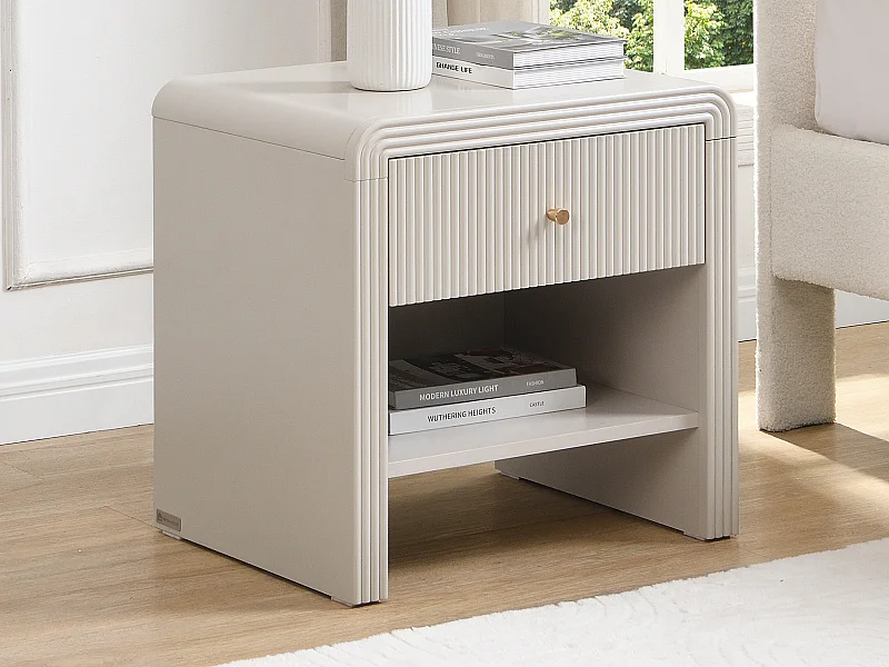 Lot de 2 tables de chevet avec 1 tiroir et 1 niche - MDF - Beige et doré - MIRENALO