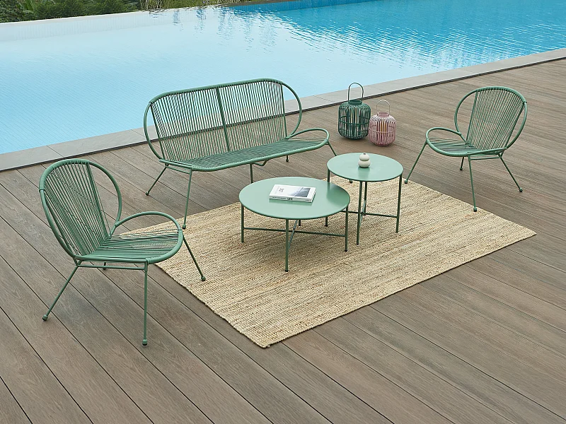 Salon de jardin en métal et résine tressée : 2 fauteuils, 1 banc et 2 tables basses - Kaki - NIKAO de MYLIA