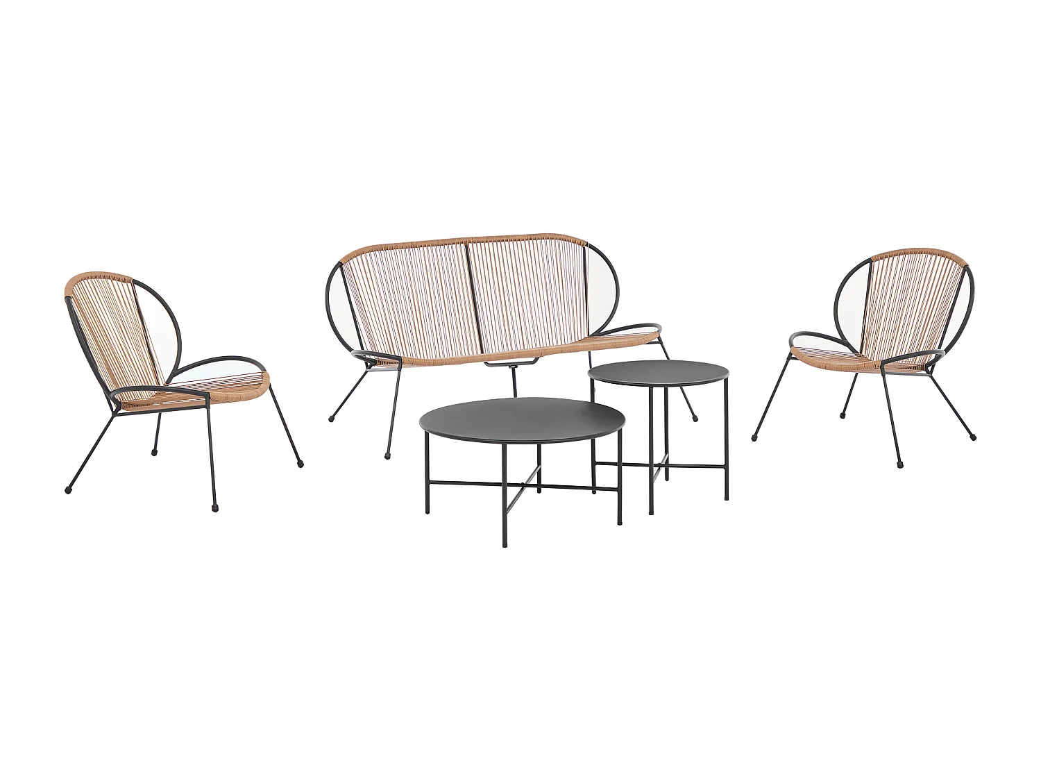 Salon de jardin en métal et résine tressée : 2 fauteuils, 1 banc et 2 tables basses - Noir et naturel clair - NIKAO de MYLIA