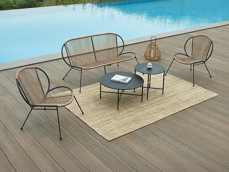 Salon de jardin en métal et résine tressée : 2 fauteuils, 1 banc et 2 tables basses - Noir et naturel clair - NIKAO de MYLIA