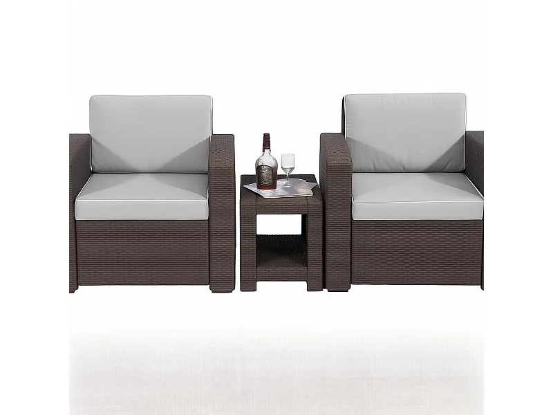 Le Stelle Set Salotto da Giardino in Polyrattan da 3 Pezzi, 2 Poltrone da Esterno, Tavolino e Cuscini Cioccolato