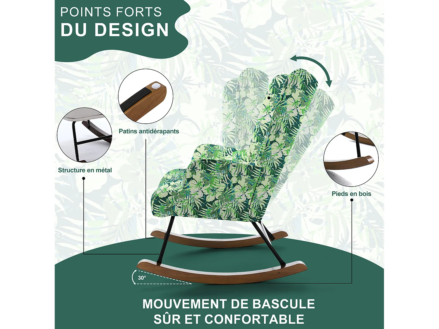 Fauteuil à bascule pour chambre d'enfant, chaise d'accent avec coussin lombaire et pieds en bois, imprimé en tissu imitation lin avec motifs de plantes.