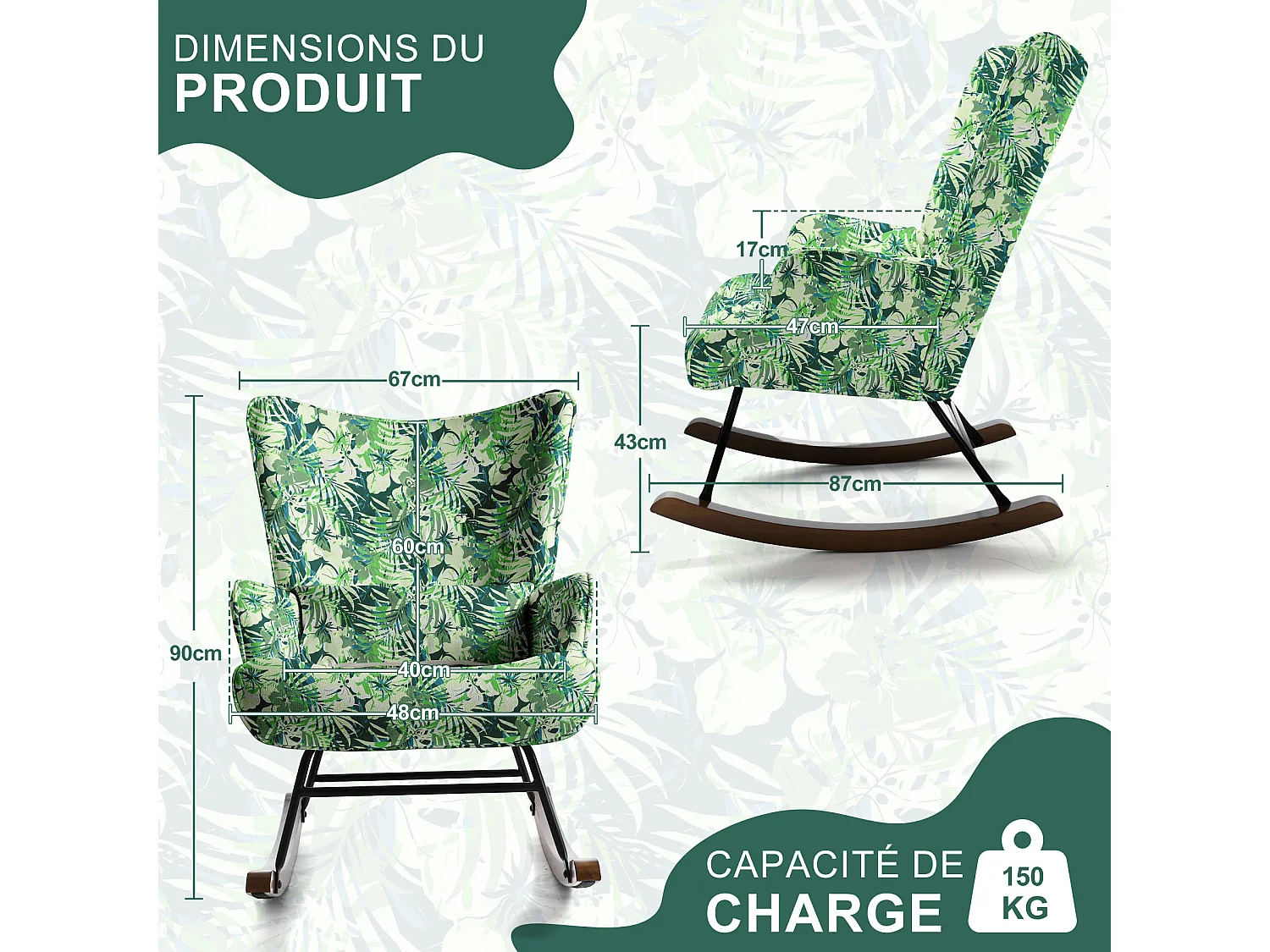Fauteuil à bascule pour chambre d'enfant, chaise d'accent avec coussin lombaire et pieds en bois, imprimé en tissu imitation lin avec motifs de plantes.