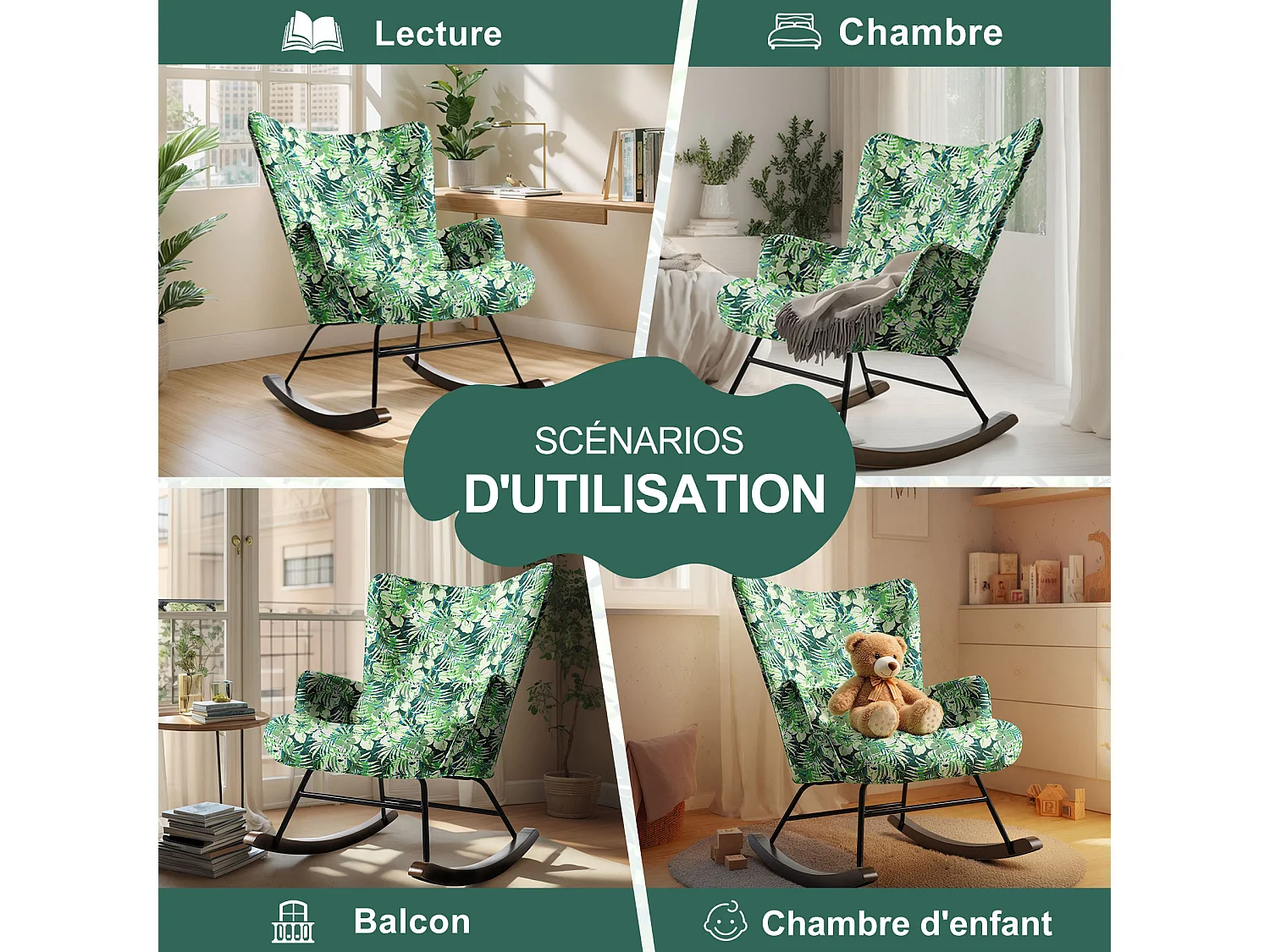 Fauteuil à bascule pour chambre d'enfant, chaise d'accent avec coussin lombaire et pieds en bois, imprimé en tissu imitation lin avec motifs de plantes.