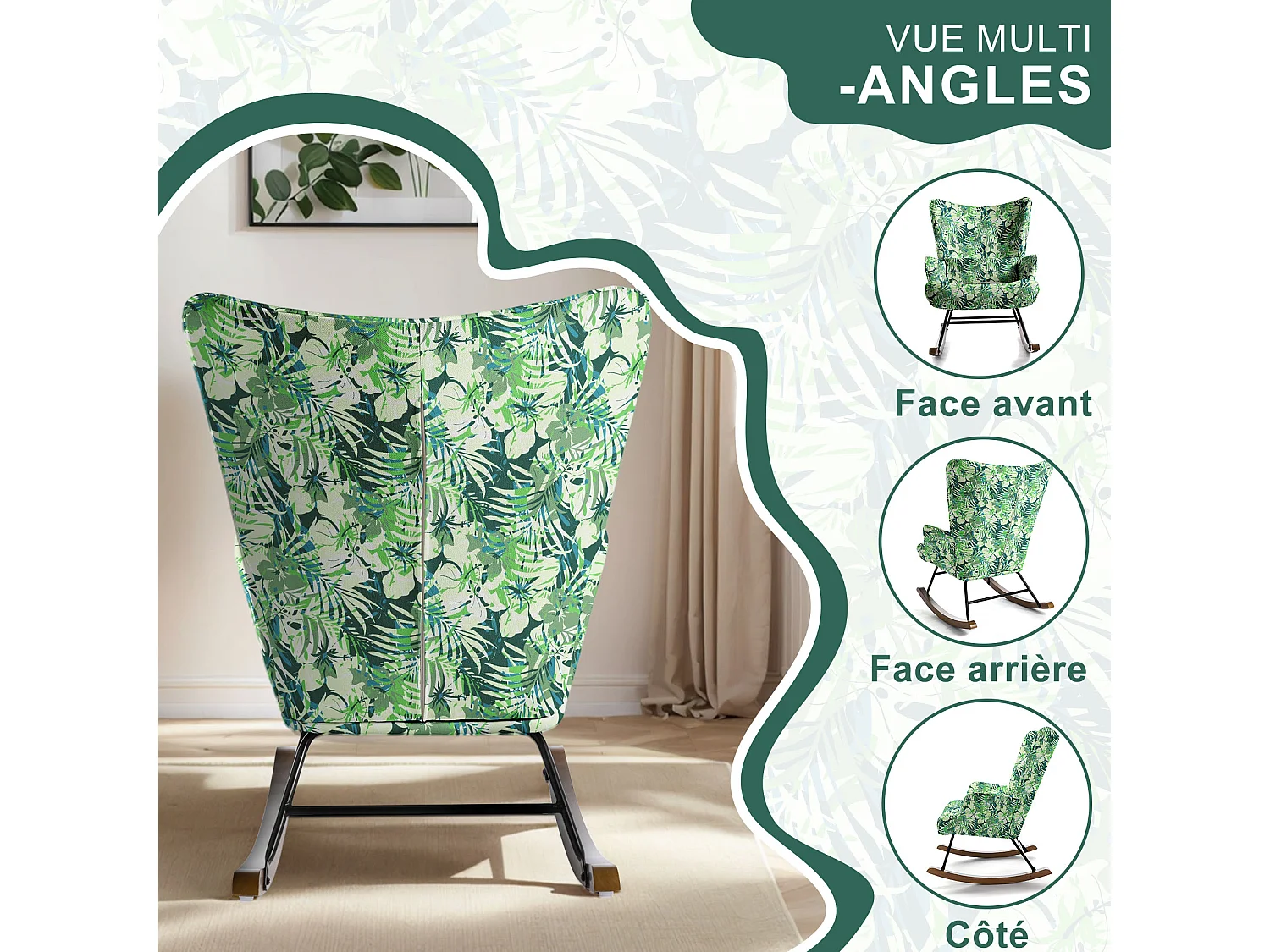 Fauteuil à bascule pour chambre d'enfant, chaise d'accent avec coussin lombaire et pieds en bois, imprimé en tissu imitation lin avec motifs de plantes.