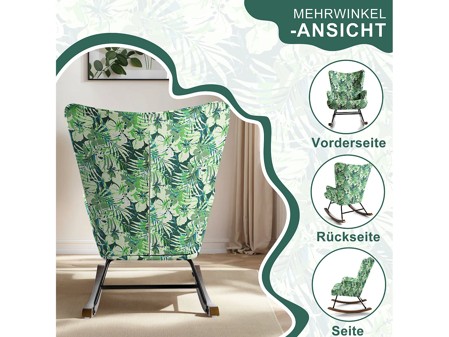 Fauteuil à bascule pour chambre d'enfant, chaise d'accent avec coussin lombaire et pieds en bois, imprimé en tissu imitation lin avec motifs de plantes.