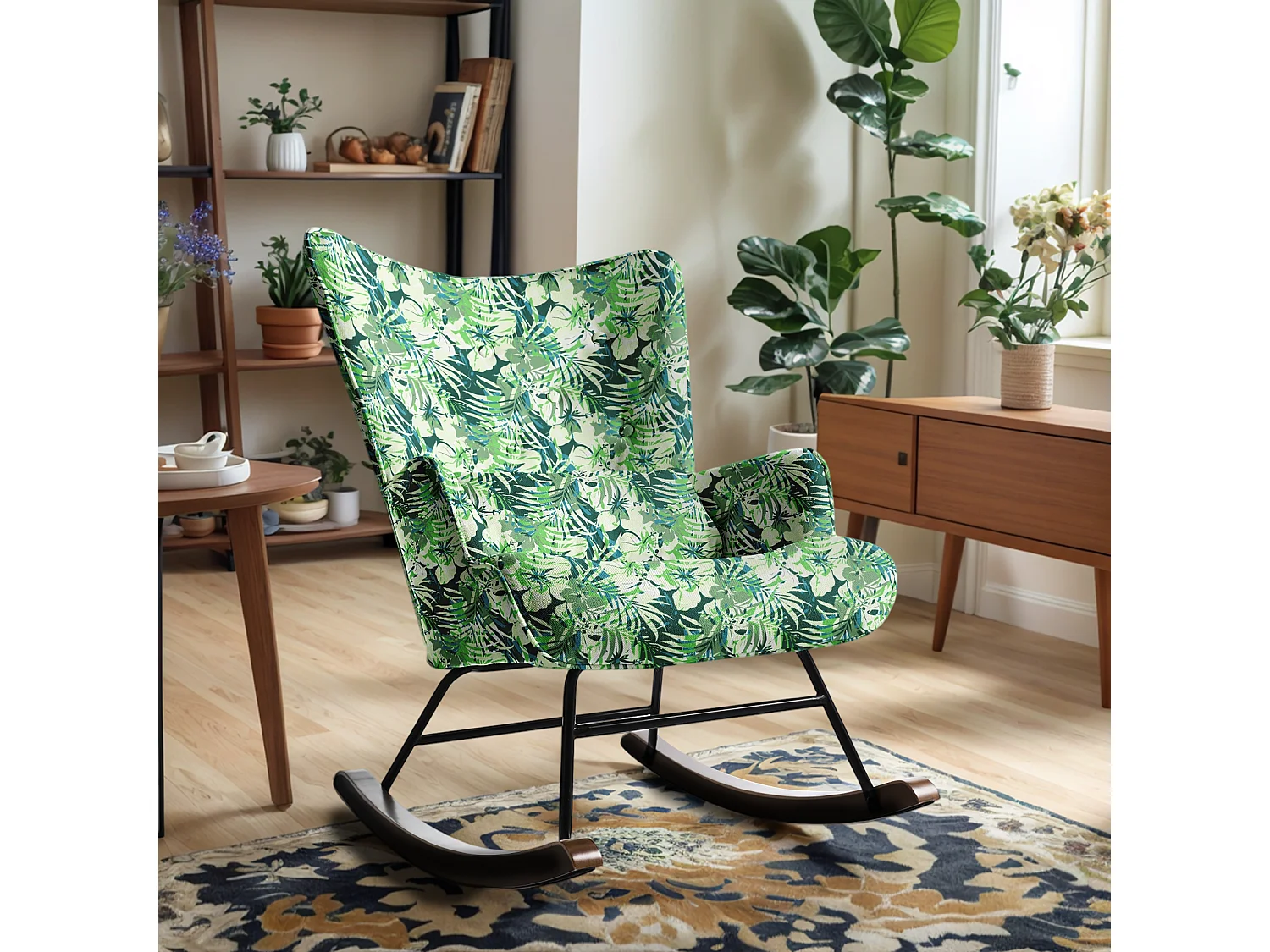 Fauteuil à bascule pour chambre d'enfant, chaise d'accent avec coussin lombaire et pieds en bois, imprimé en tissu imitation lin avec motifs de plantes.