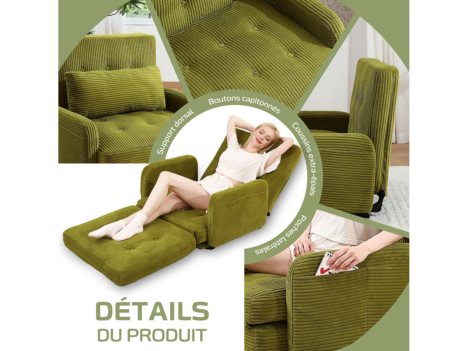 Canapé Modulable 4-en-1 en Cordon - Confort Salon, Relax et Lit Rapide pour un Intérieur Polyvalent