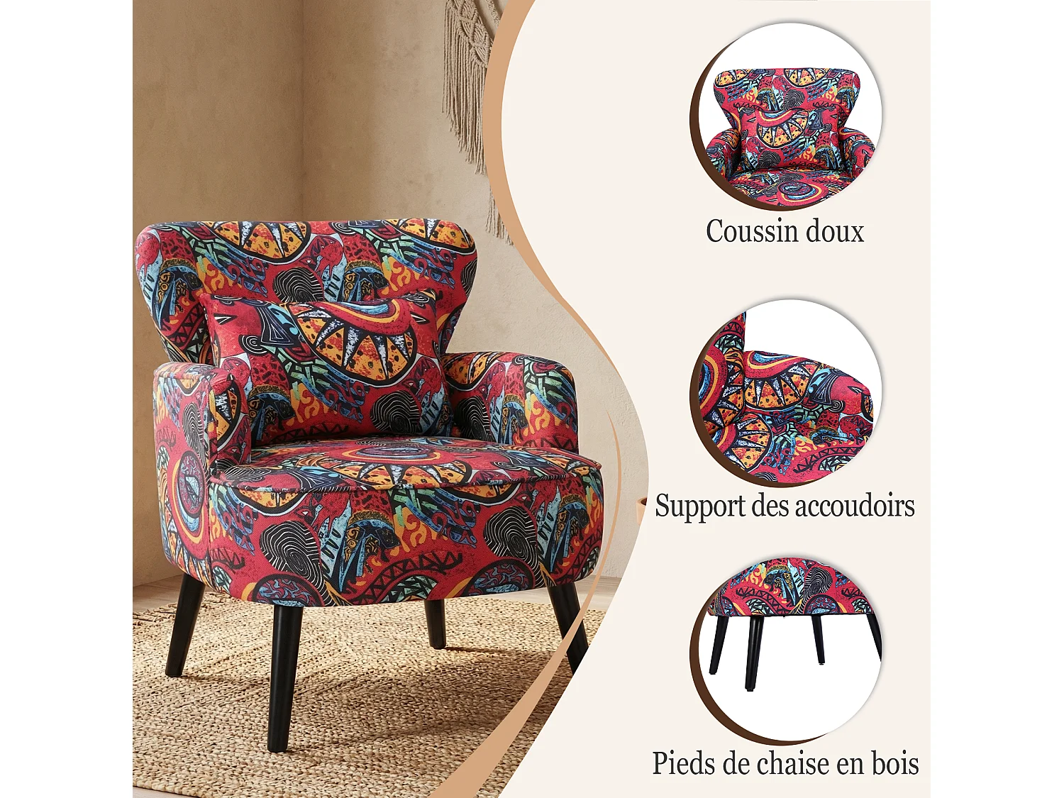 Fauteuil HomeMiYN, tissu effet lin, dossier haut, pieds bois, rouge