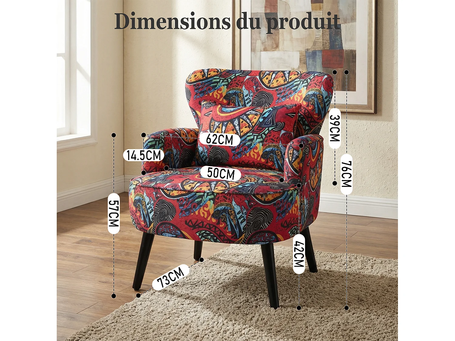 Fauteuil HomeMiYN, tissu effet lin, dossier haut, pieds bois, rouge