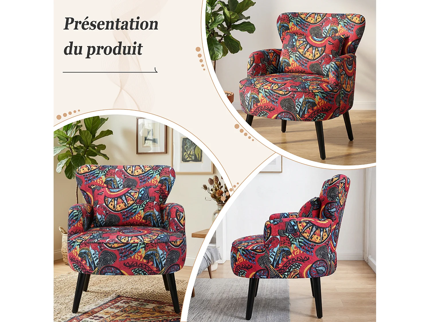 Fauteuil HomeMiYN, tissu effet lin, dossier haut, pieds bois, rouge