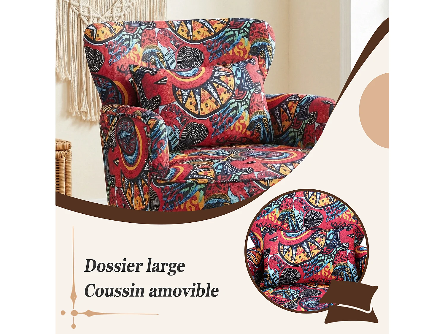 Fauteuil HomeMiYN, tissu effet lin, dossier haut, pieds bois, rouge