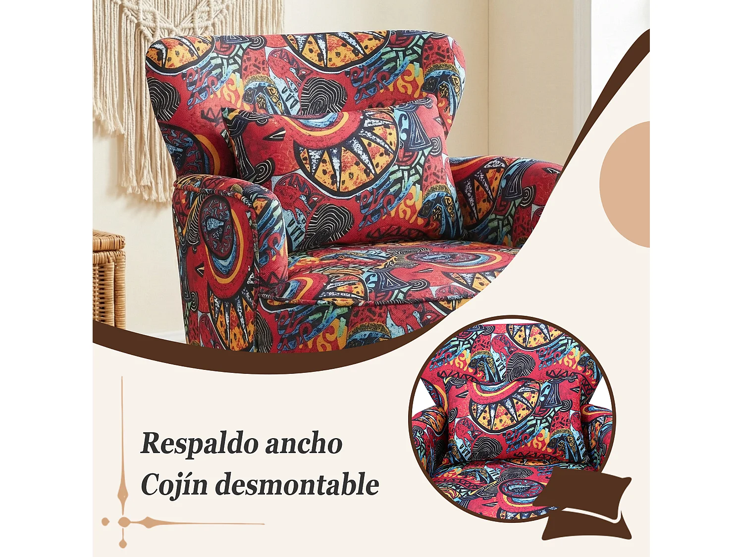 Fauteuil HomeMiYN, tissu effet lin, dossier haut, pieds bois, rouge