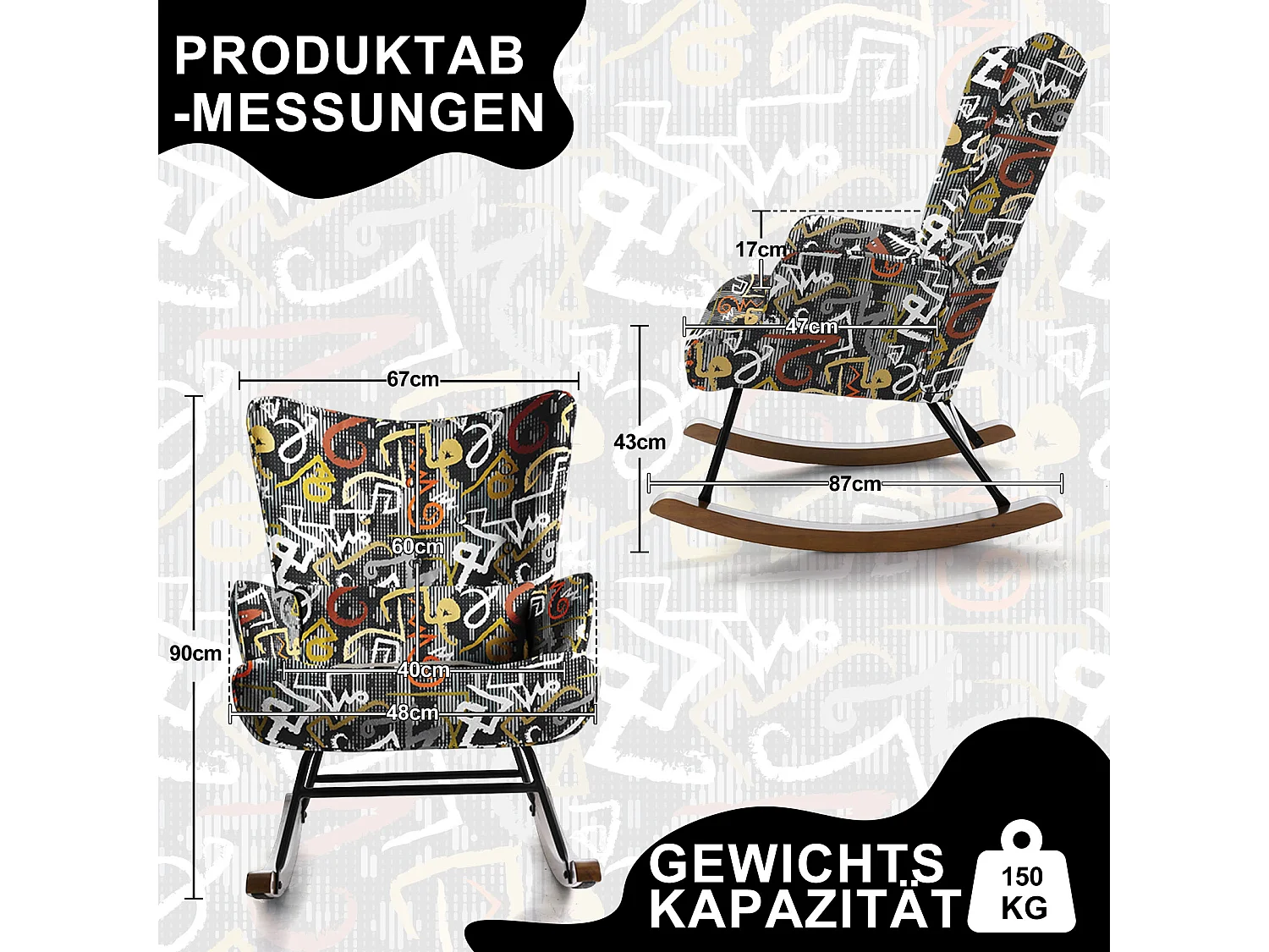 Fauteuil à bascule en patchwork pour le salon en velours avec cadre en métal et base en bois, imprimé en tissu imitation lin avec motifs de graffitis multicolores