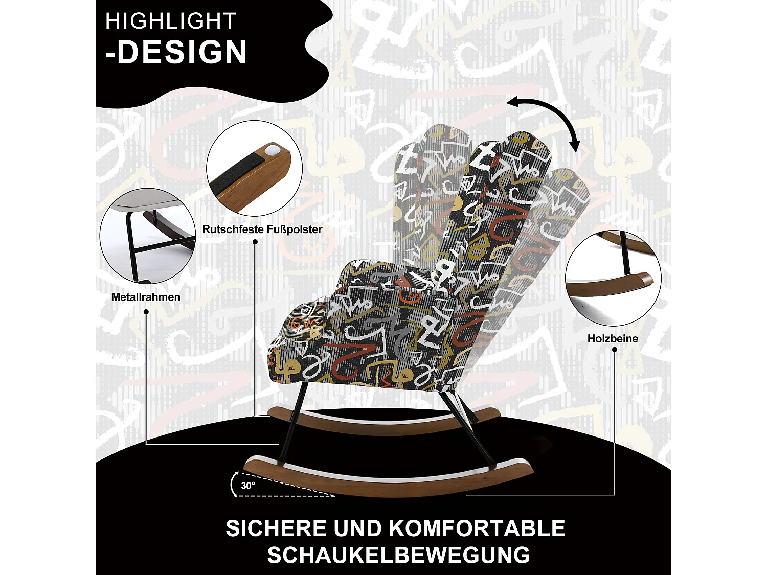 Fauteuil à bascule en patchwork pour le salon en velours avec cadre en métal et base en bois, imprimé en tissu imitation lin avec motifs de graffitis multicolores