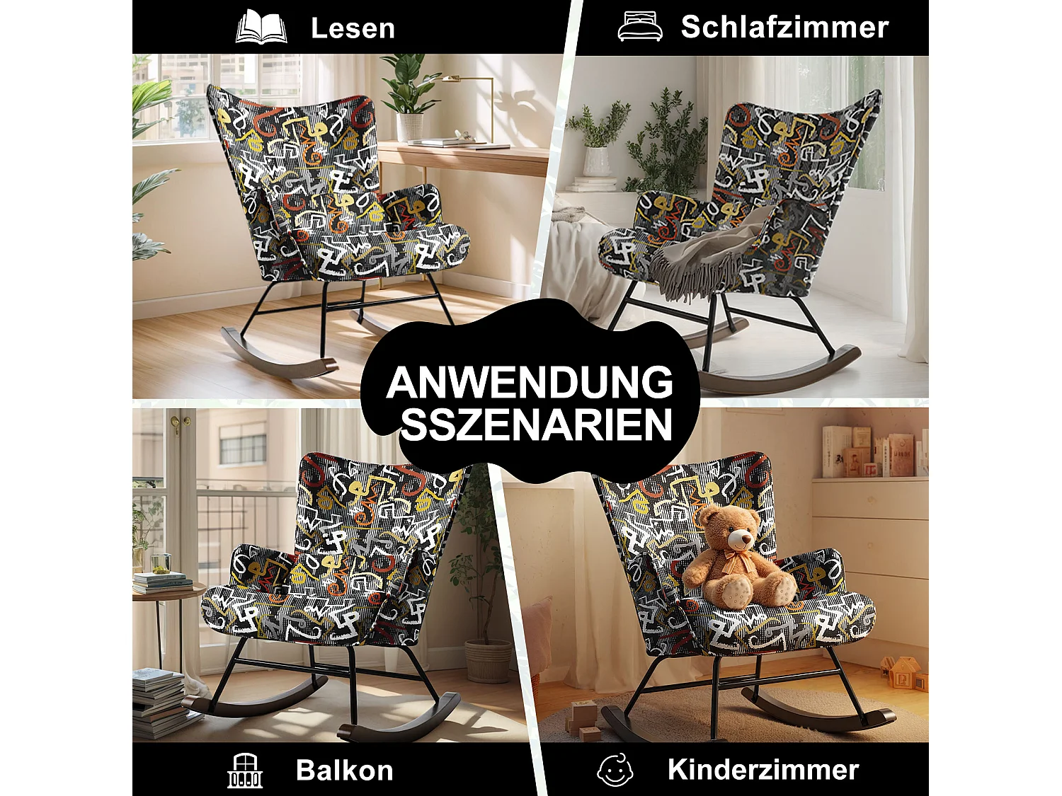 Fauteuil à bascule en patchwork pour le salon en velours avec cadre en métal et base en bois, imprimé en tissu imitation lin avec motifs de graffitis multicolores