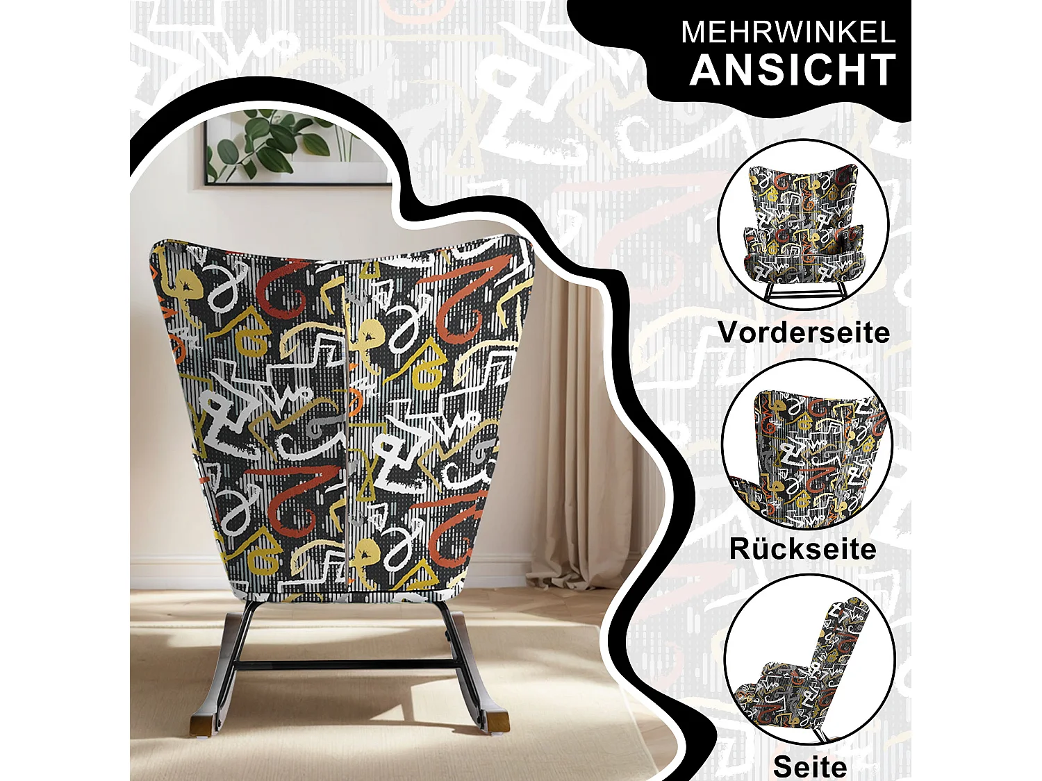 Fauteuil à bascule en patchwork pour le salon en velours avec cadre en métal et base en bois, imprimé en tissu imitation lin avec motifs de graffitis multicolores
