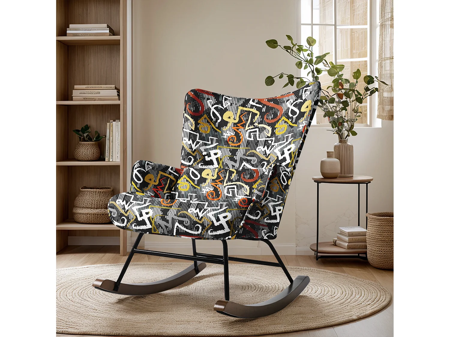 Fauteuil à bascule en patchwork pour le salon en velours avec cadre en métal et base en bois, imprimé en tissu imitation lin avec motifs de graffitis multicolores