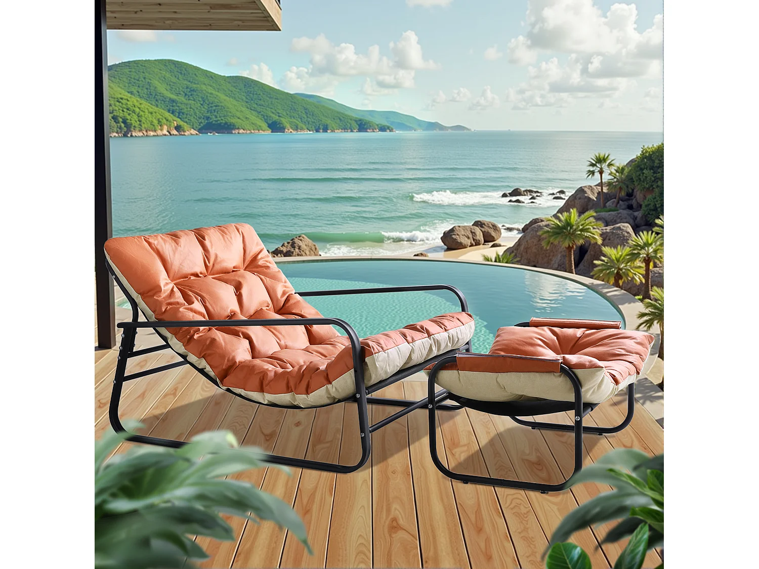 Fauteuil en tube d'acier avec repose-pieds, 2 places réversible style transat, chaise longue pour balcon