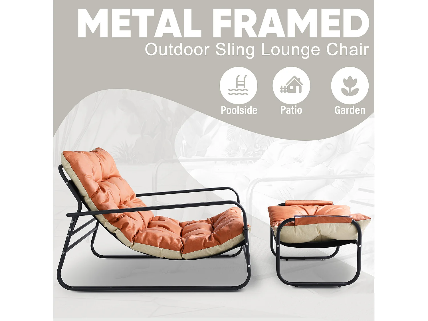 Fauteuil en tube d'acier avec repose-pieds, 2 places réversible style transat, chaise longue pour balcon