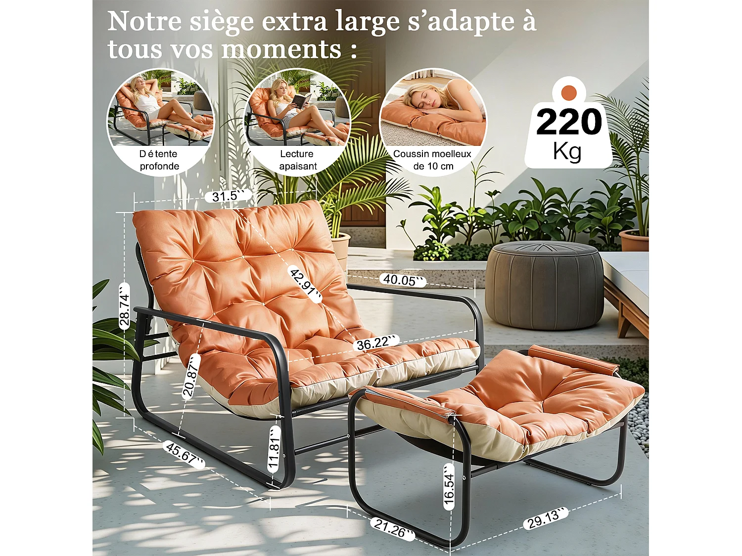 Fauteuil en tube d'acier avec repose-pieds, 2 places réversible style transat, chaise longue pour balcon