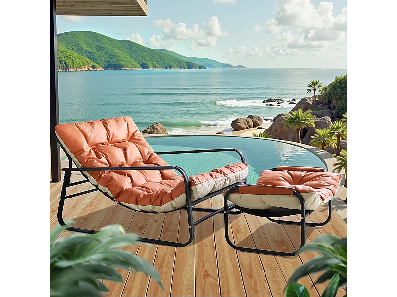 Fauteuil en tube d'acier avec repose-pieds, 2 places réversible style transat, chaise longue pour balcon