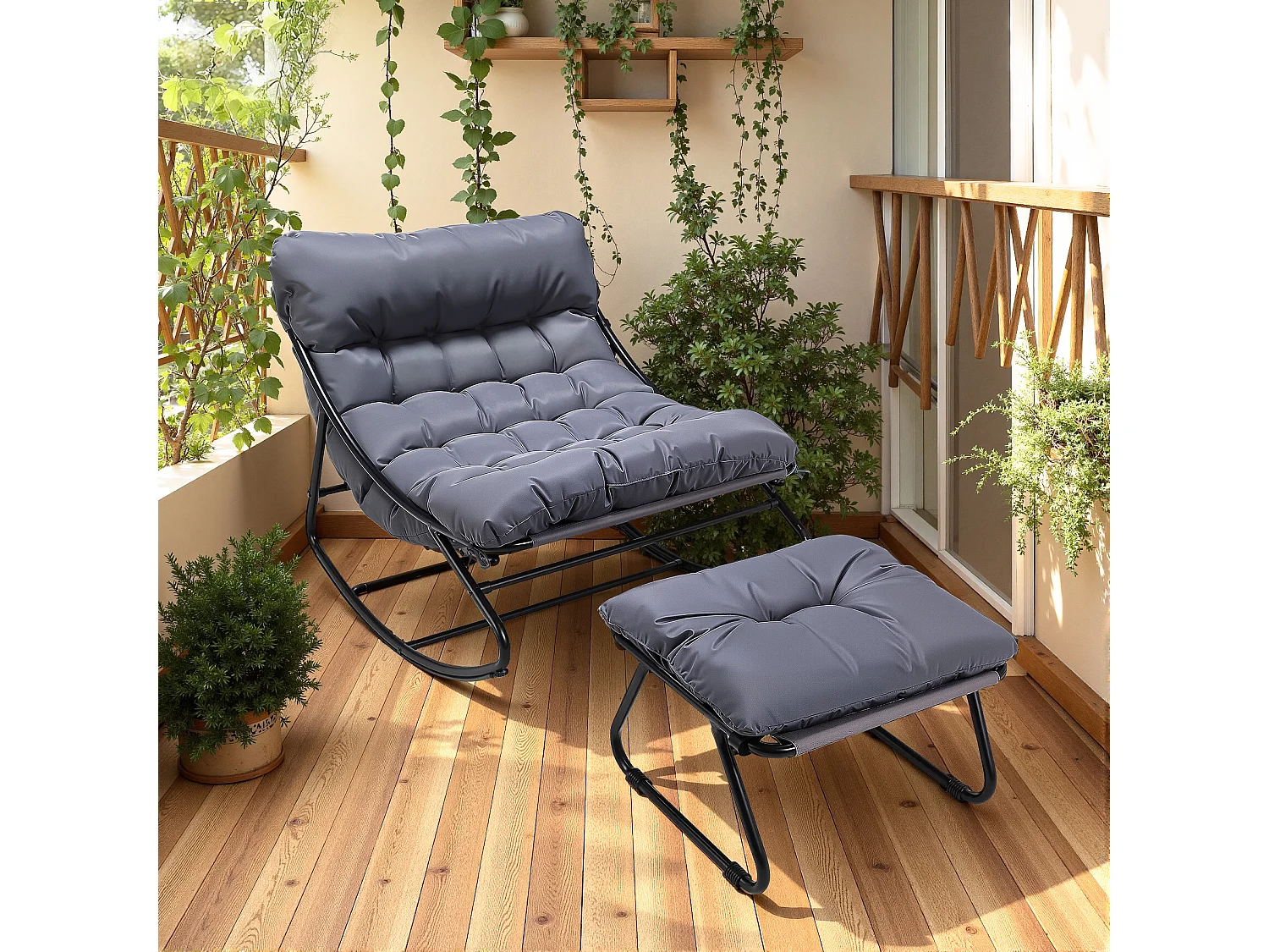 Fauteuil salon relax, transat jardin réversible, chaise longue balcon acier, 2 places avec repose-pieds, Gris