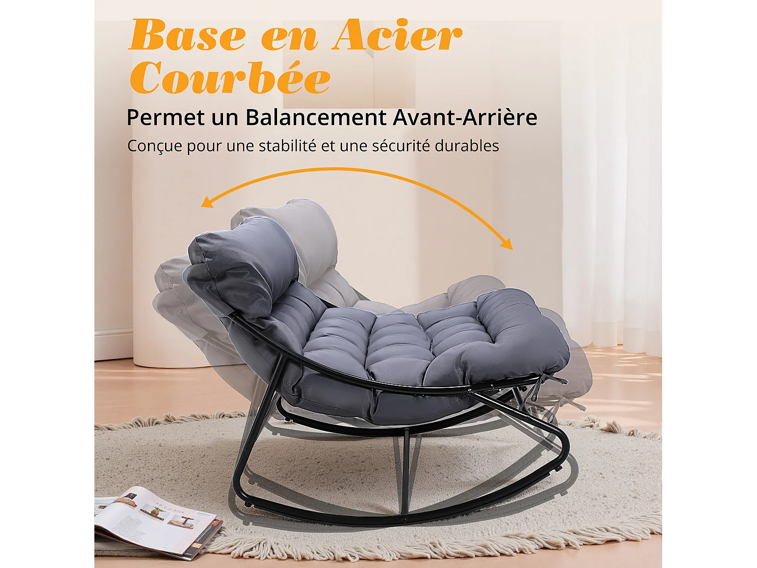 Fauteuil salon relax, transat jardin réversible, chaise longue balcon acier, 2 places avec repose-pieds, Gris