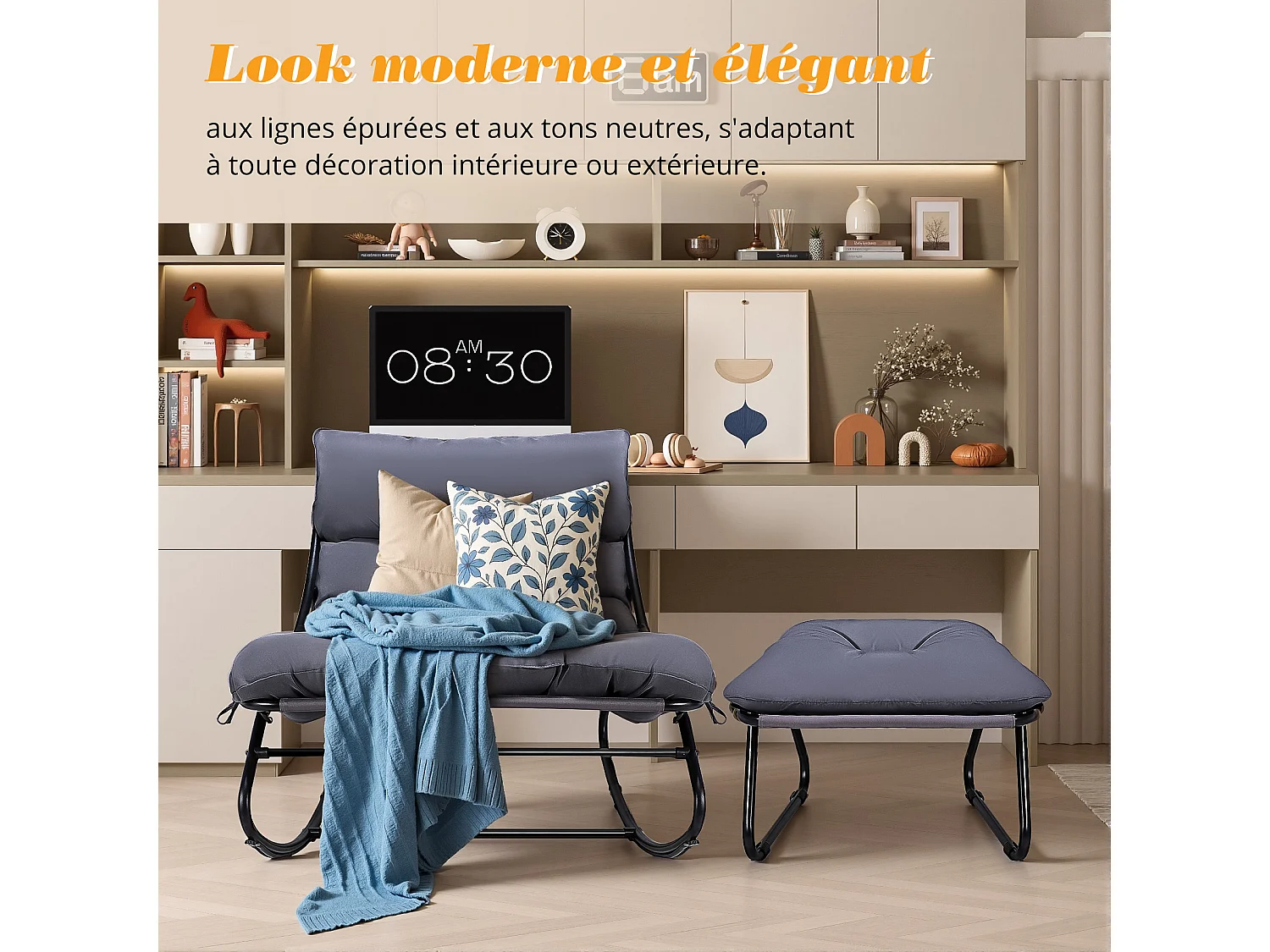 Fauteuil salon relax, transat jardin réversible, chaise longue balcon acier, 2 places avec repose-pieds, Gris