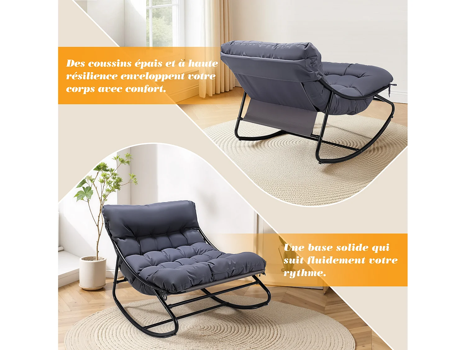 Fauteuil salon relax, transat jardin réversible, chaise longue balcon acier, 2 places avec repose-pieds, Gris